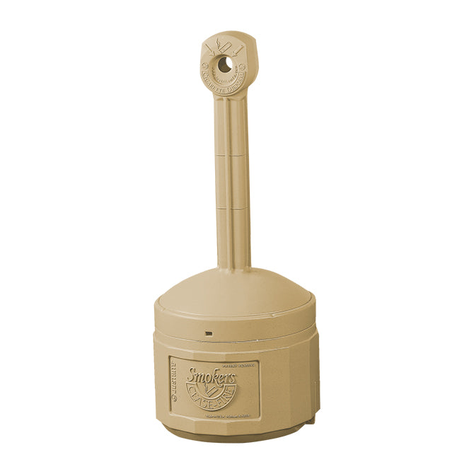 Beige outdoor cigarette receptacle for car lot or dealership use, upright design