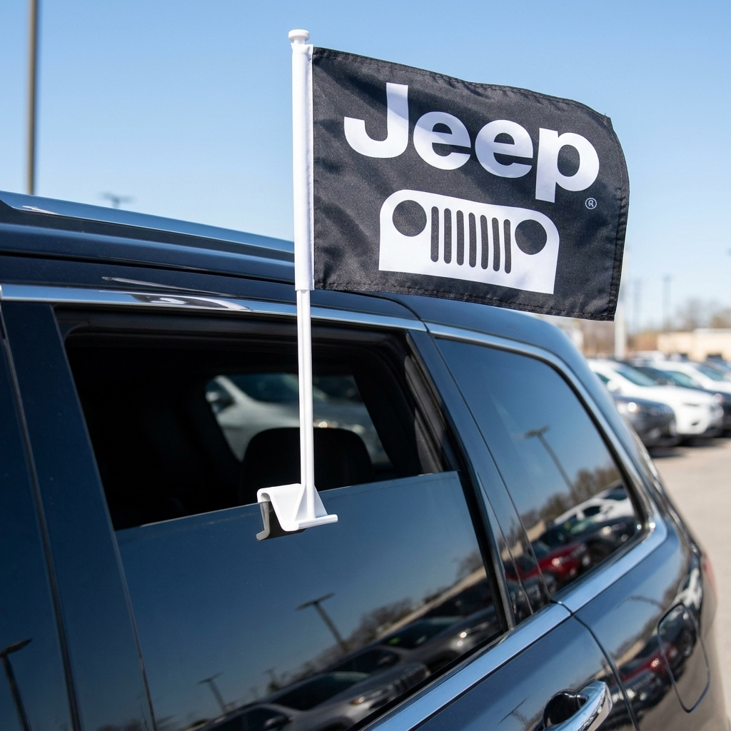 Jeep Manufacturer Clip-On Window Flag - 11x13 Inch Brand Banner — Lifestyle