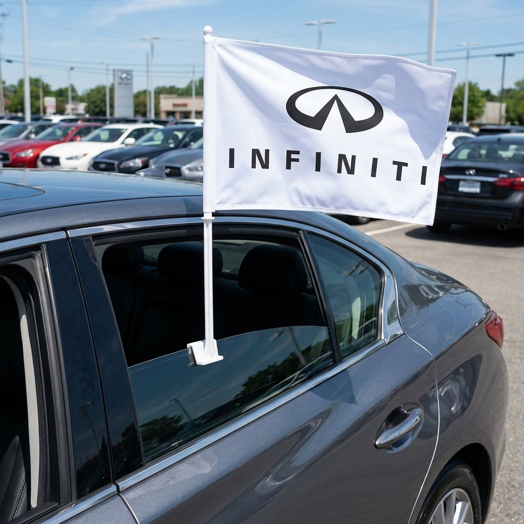 Infiniti Manufacturer Clip-On Window Flag - 11x13 Inch Brand Banner — Lifestyle