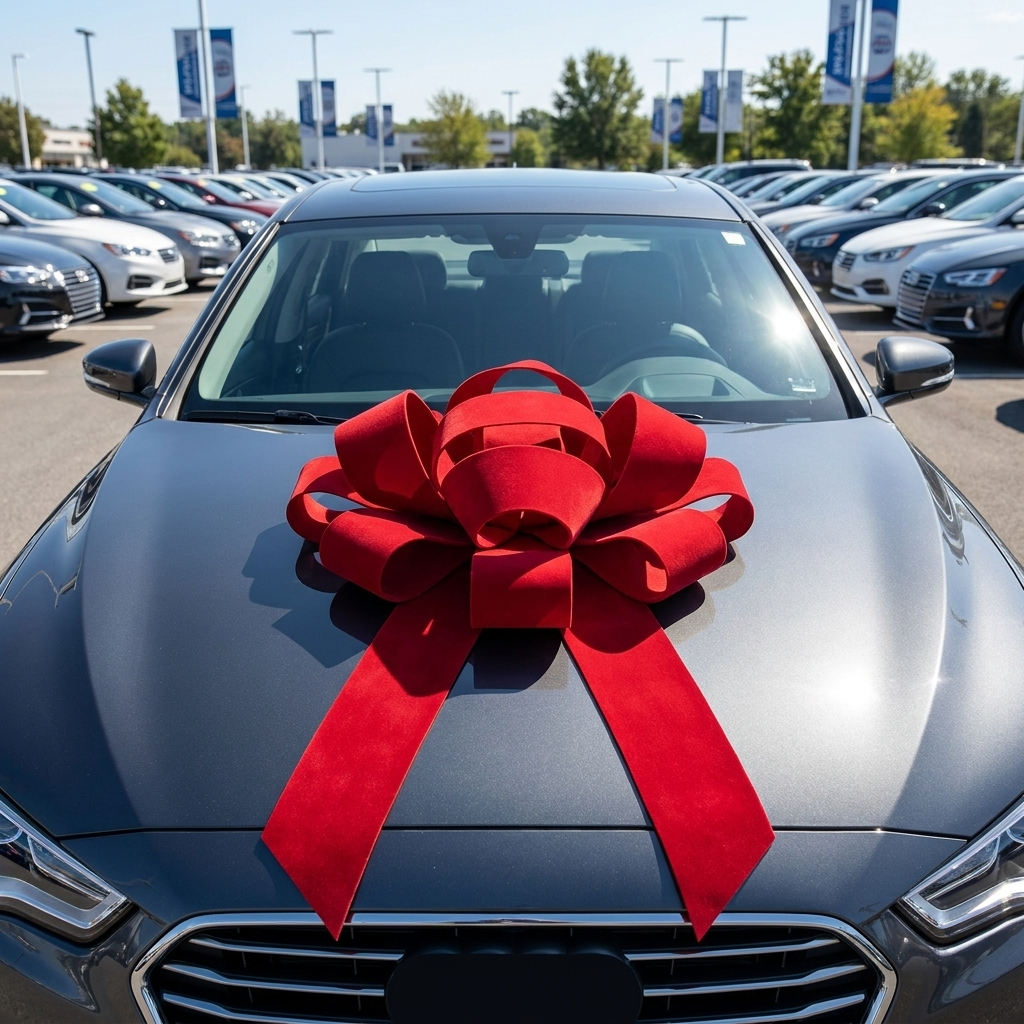 43" Red Velvet Car Bow - Largest Magnetic Dealership Bow | Lifestyle Photo