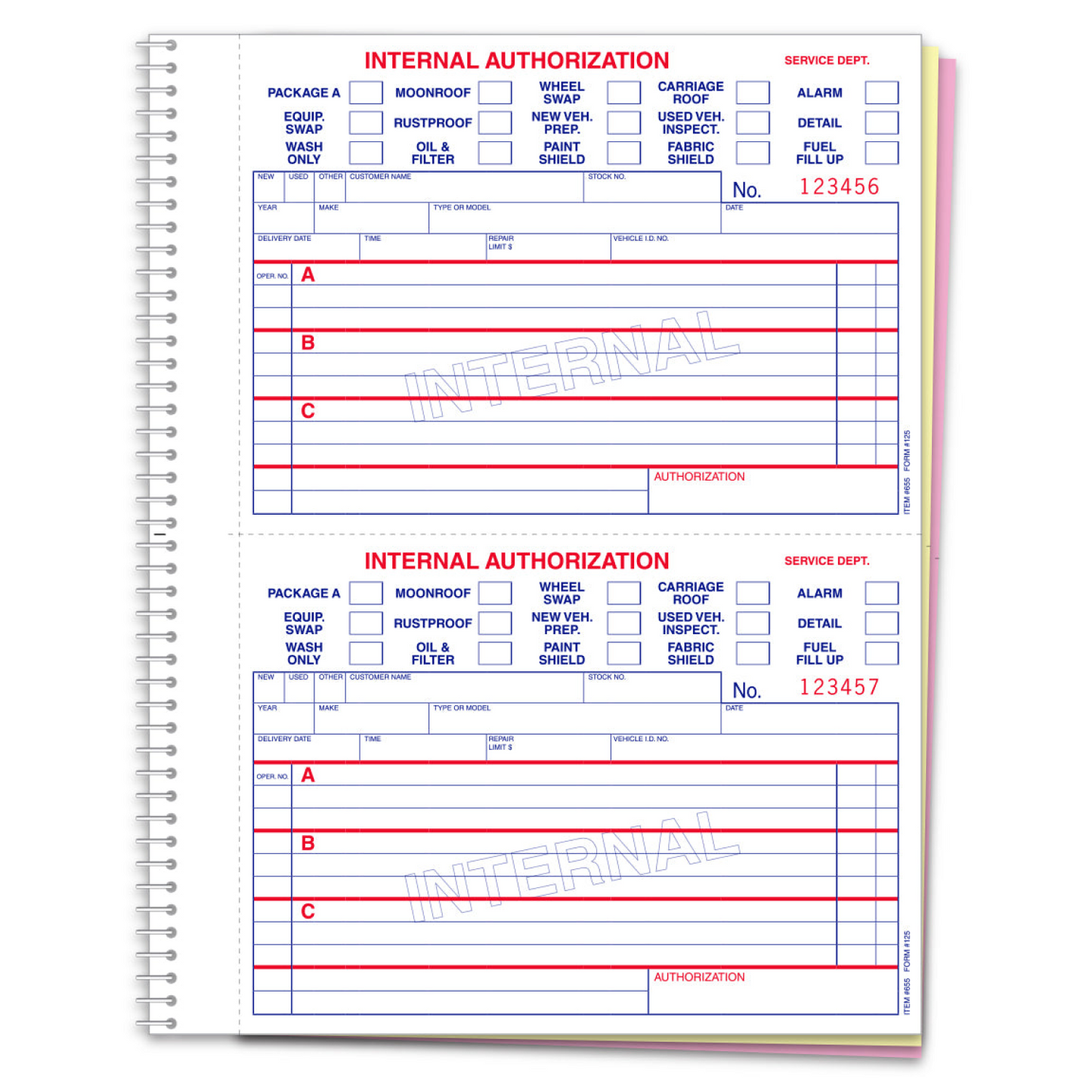 Internal Authorization Book - #125 - 3 Part, 100 per Book
