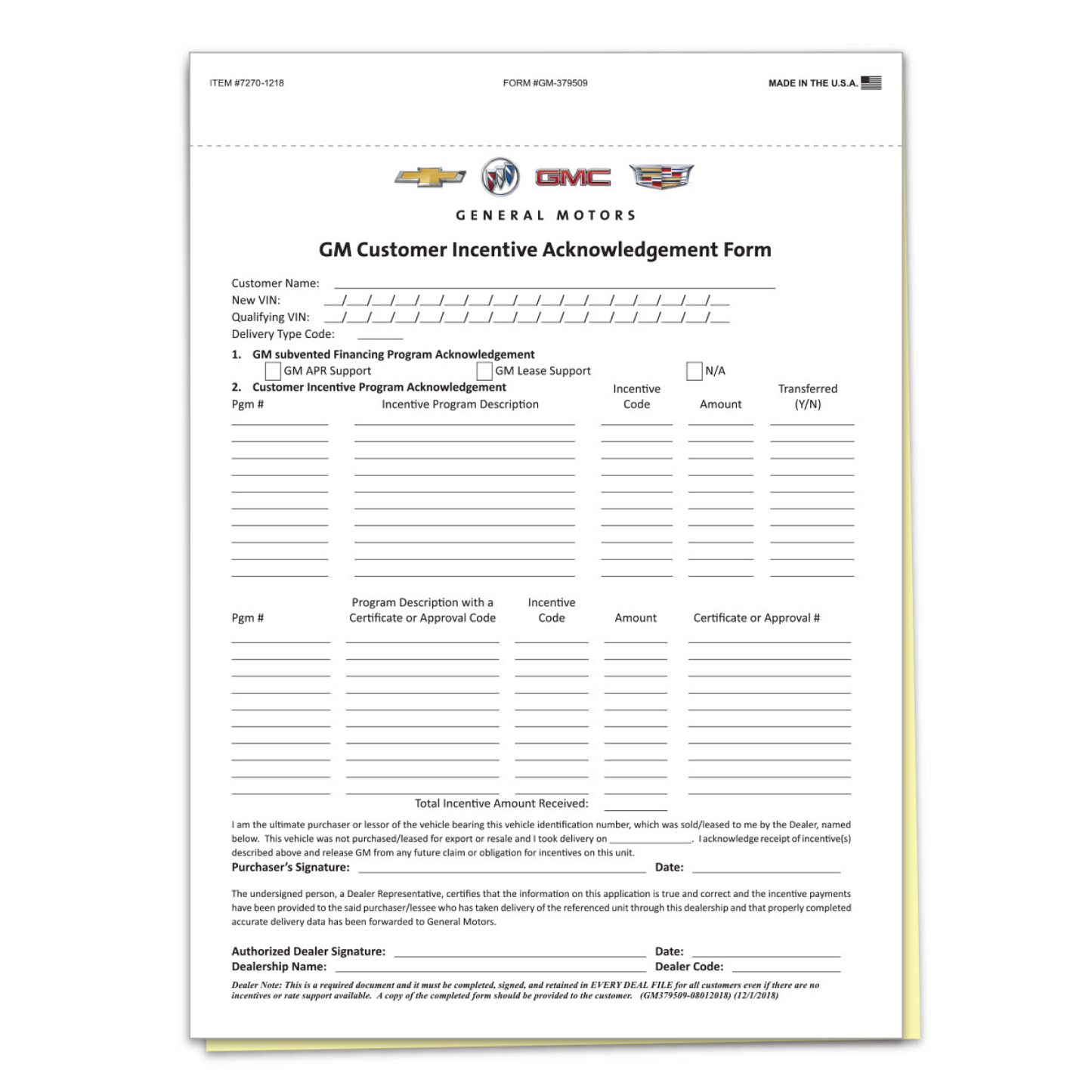 GM Cust. Incentive/OnStar Acknowledge Form - 2 Part