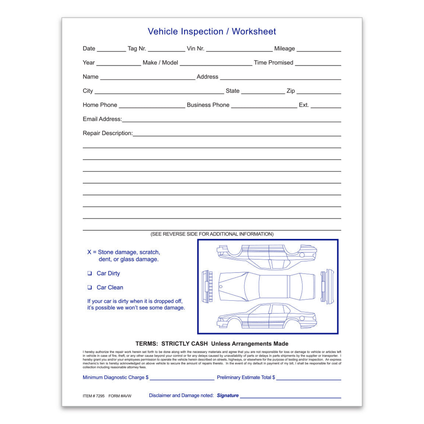 Vehicle Inspection Worksheet - AVW - 8 1/2" x 11" Padded