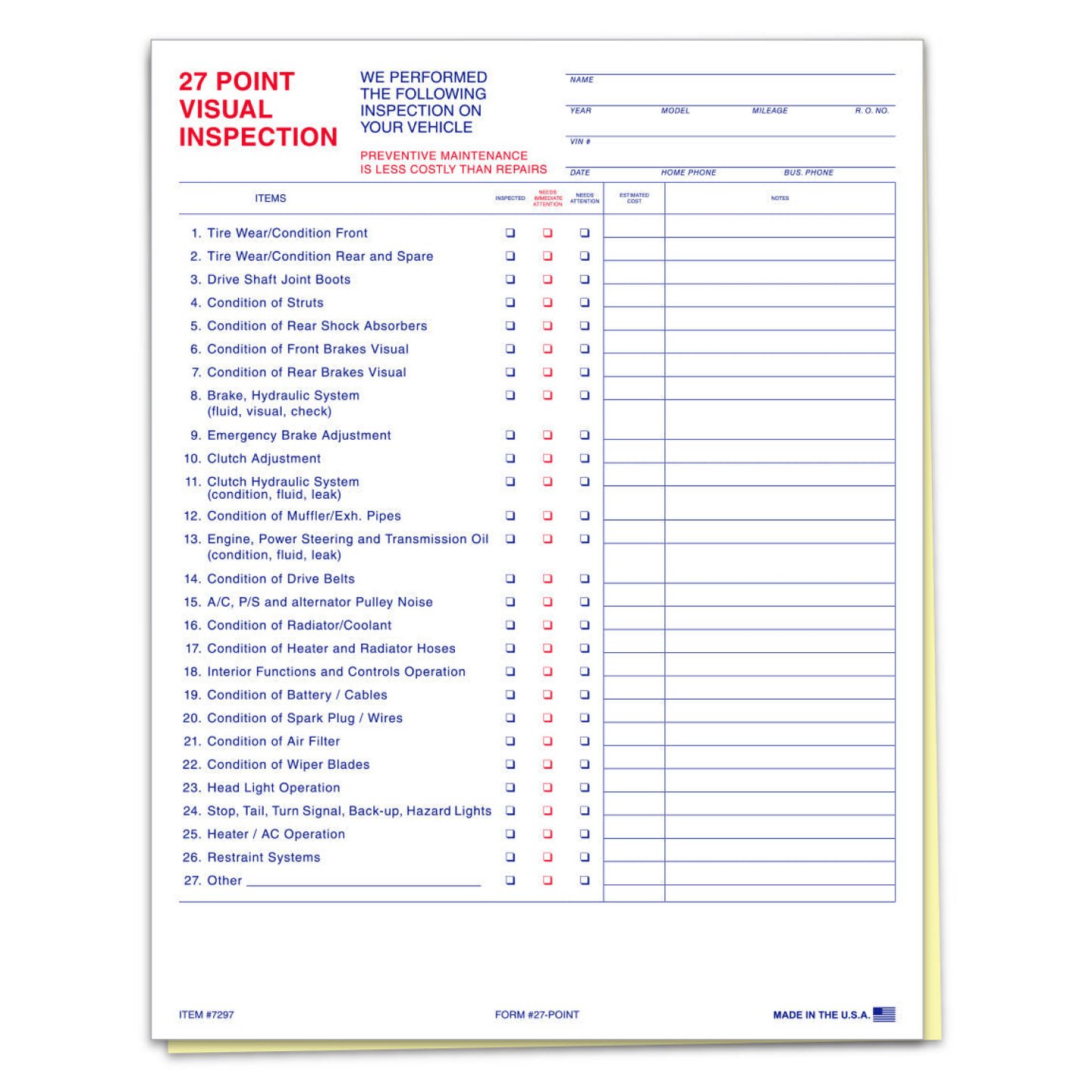 27 Point Vehicle Inspection Checklist Form - 2 Part, Carbonless Copies