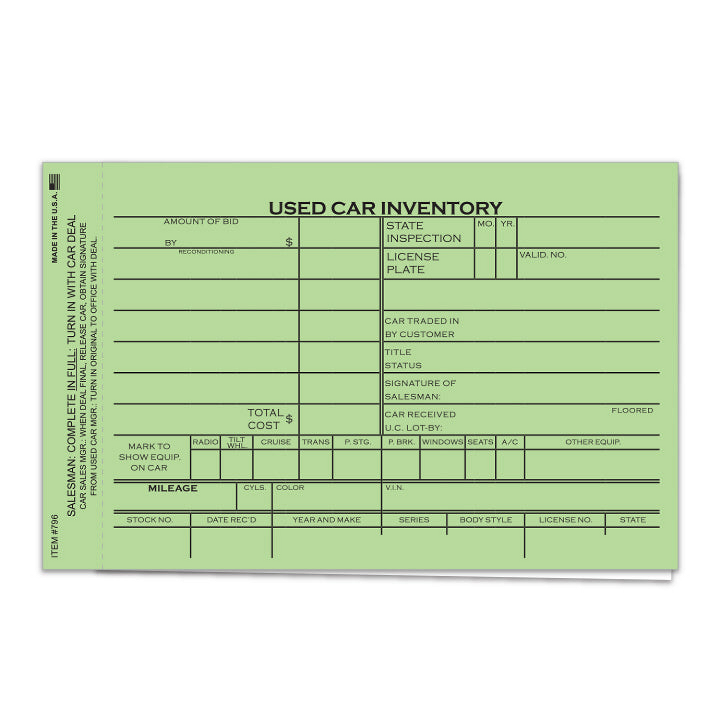 Used Car Inventory Card - 2 Part - 6-5/8" x 4-1/4"