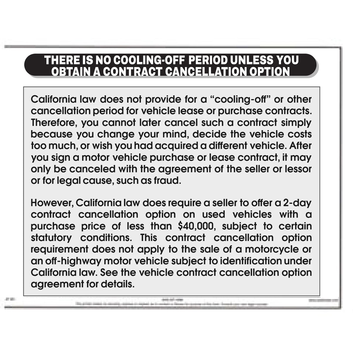 No Cooling Off Period sign, English only, California dealer compliance