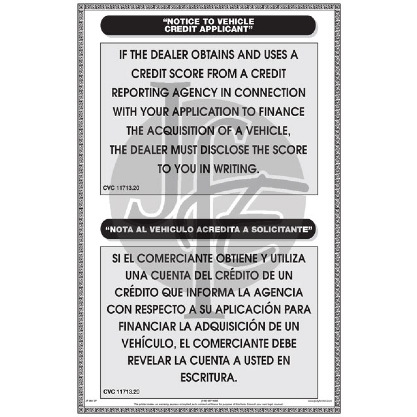Notice to Vehicle Credit Applicant - Bilingual