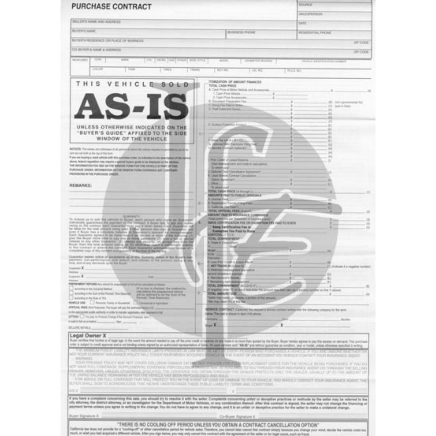 Cash Contracts "As Is" (100 pack)