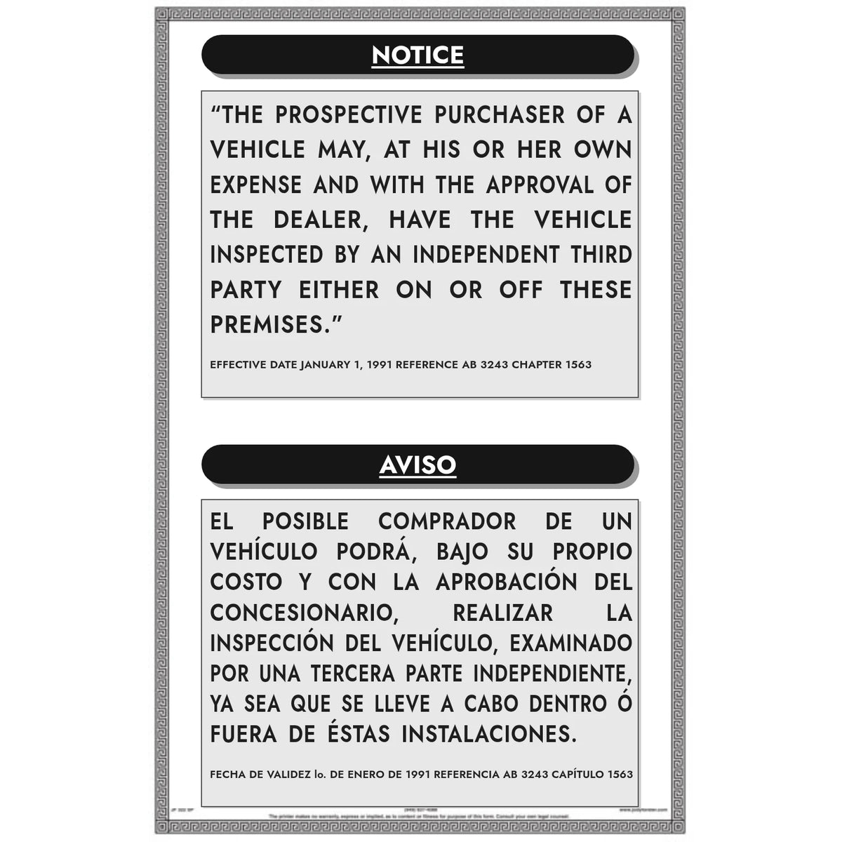 Third Party Inspection sign, bilingual English/Spanish, California dealer compliance notice (AB 3243)