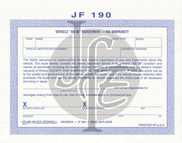 Vehicle "As Is" Agreement - No warranty