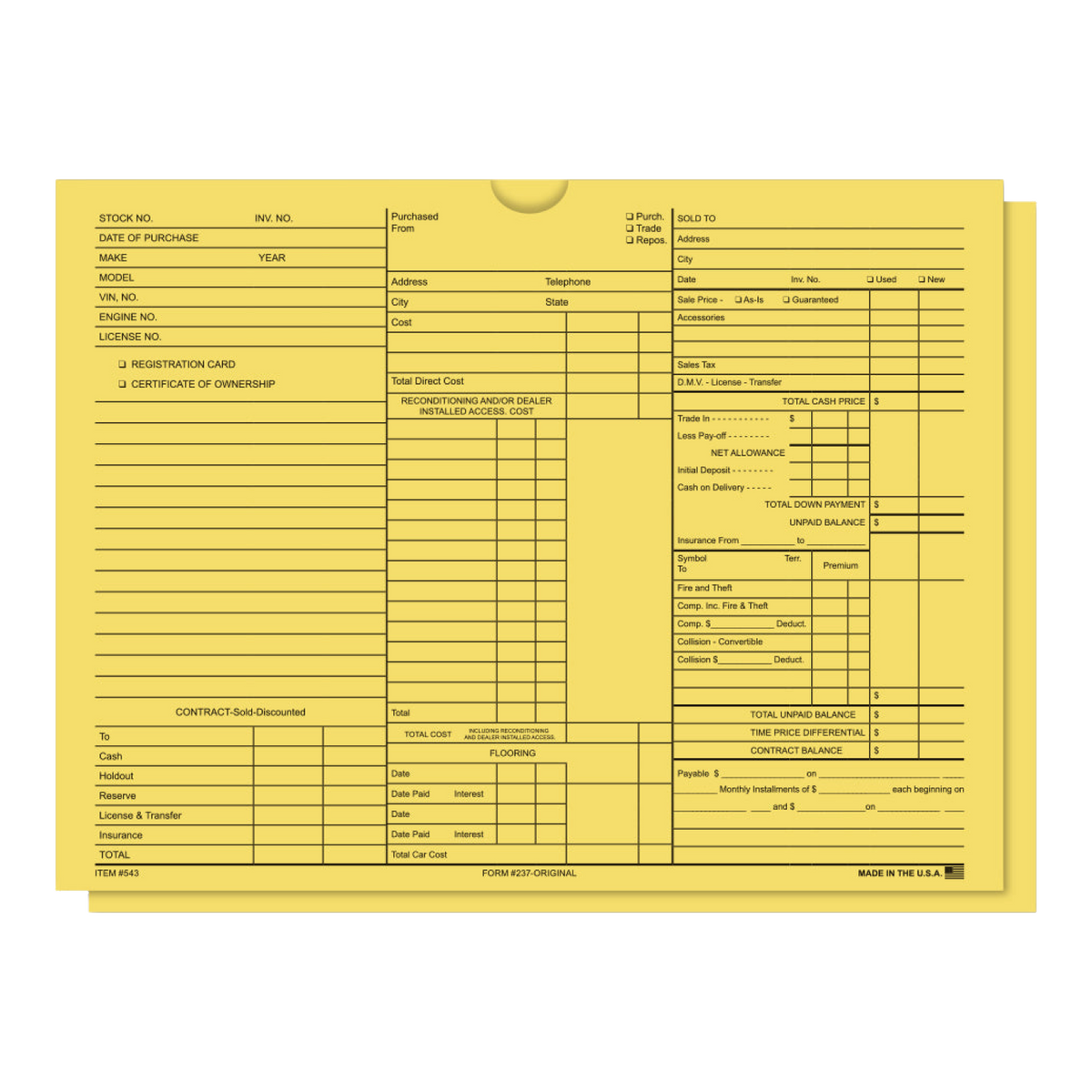 3-in-1 deal jackets, 9" x 12" yellow vehicle sales folders with printed deal record fields, stacked
