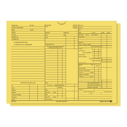 3-in-1 deal jackets, 9" x 12" yellow vehicle sales folders with printed deal record fields, stacked