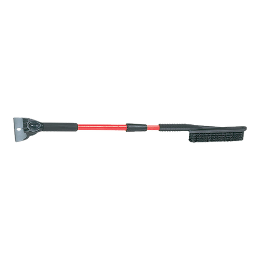 Telescopic snowbrush with ice chisel scraper and red handle