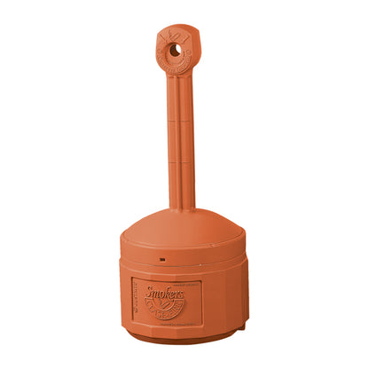 Outdoor orange cigarette receptacle for smokers, used in parking lots or dealership areas