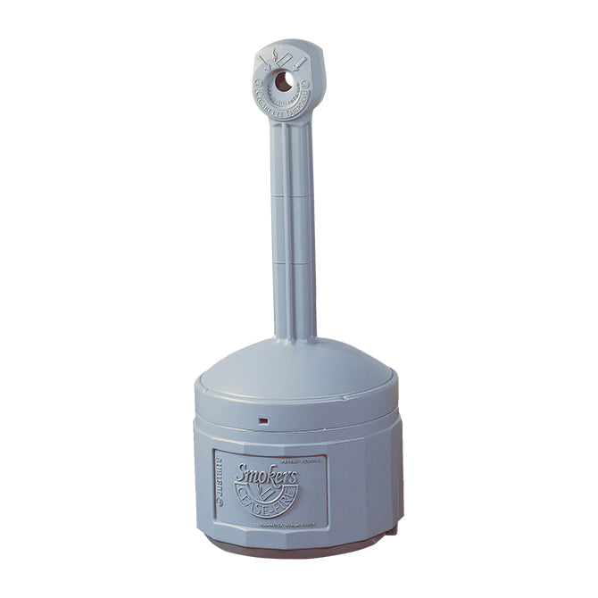 Gray outdoor cigarette butt receptacle with tall tube and labeled base, dealership supplies