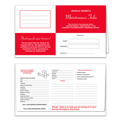 Vehicle Paper Wallet - 6" x 10-1/2" Red 50-Pack Document Holder