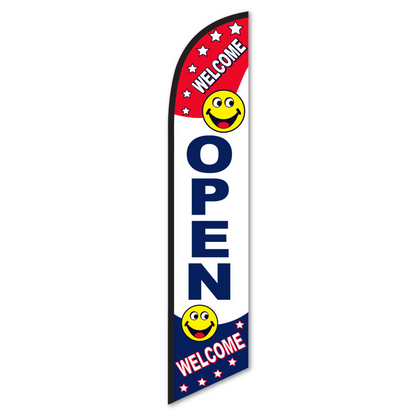 Open Swooper Flag with Smiley Faces - 12ft Welcome Banner