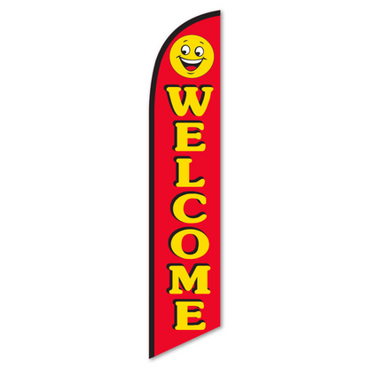 Welcome Swooper Flag - 12ft Red Smiley Face Feather Banner