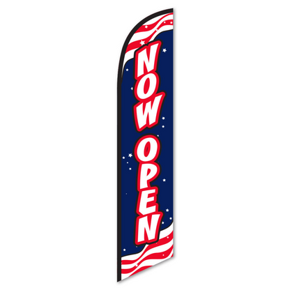 Now Open Swooper Flag - 12ft Red White Blue Patriotic Banner