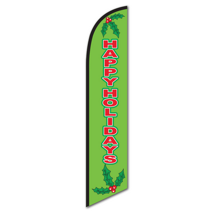 Green Happy Holidays swooper flag, 12ft feather banner with red text and holly