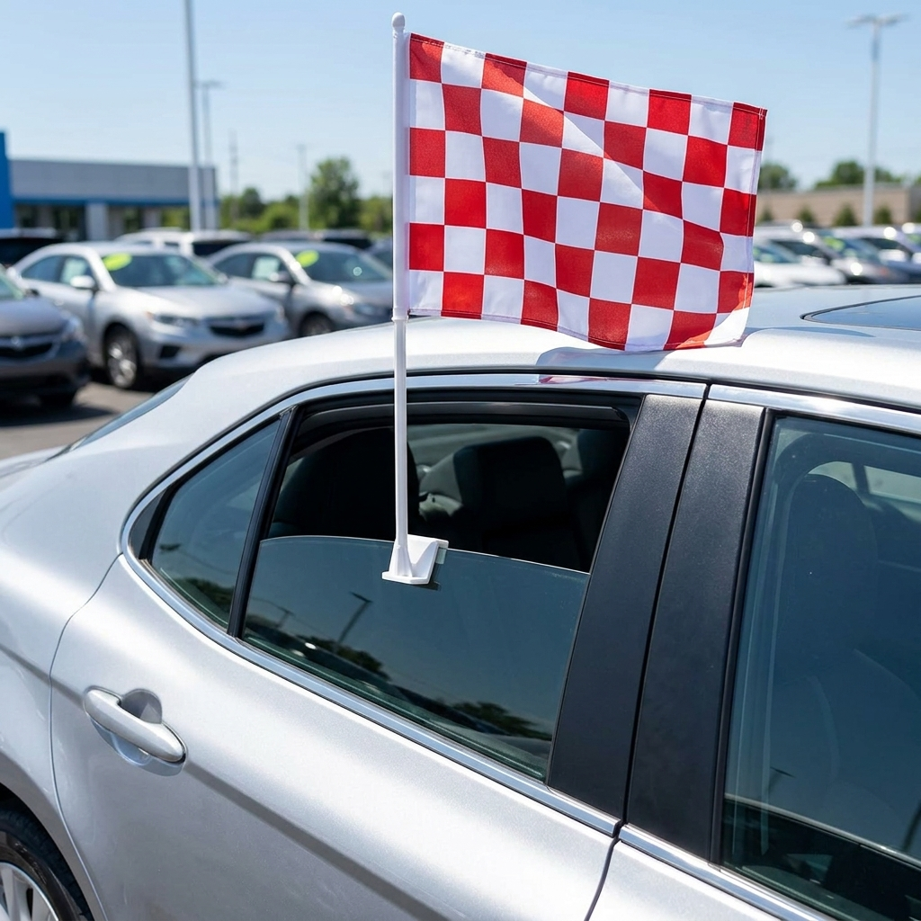 Red/White Checkered Standard Clip-On Window Flag - 11x13 Inch Promotional Banner — Lifestyle