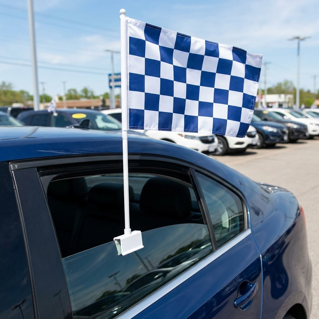 Blue/White Checkered Standard Clip-On Window Flag - 11x13 Inch Promotional Banner — Lifestyle
