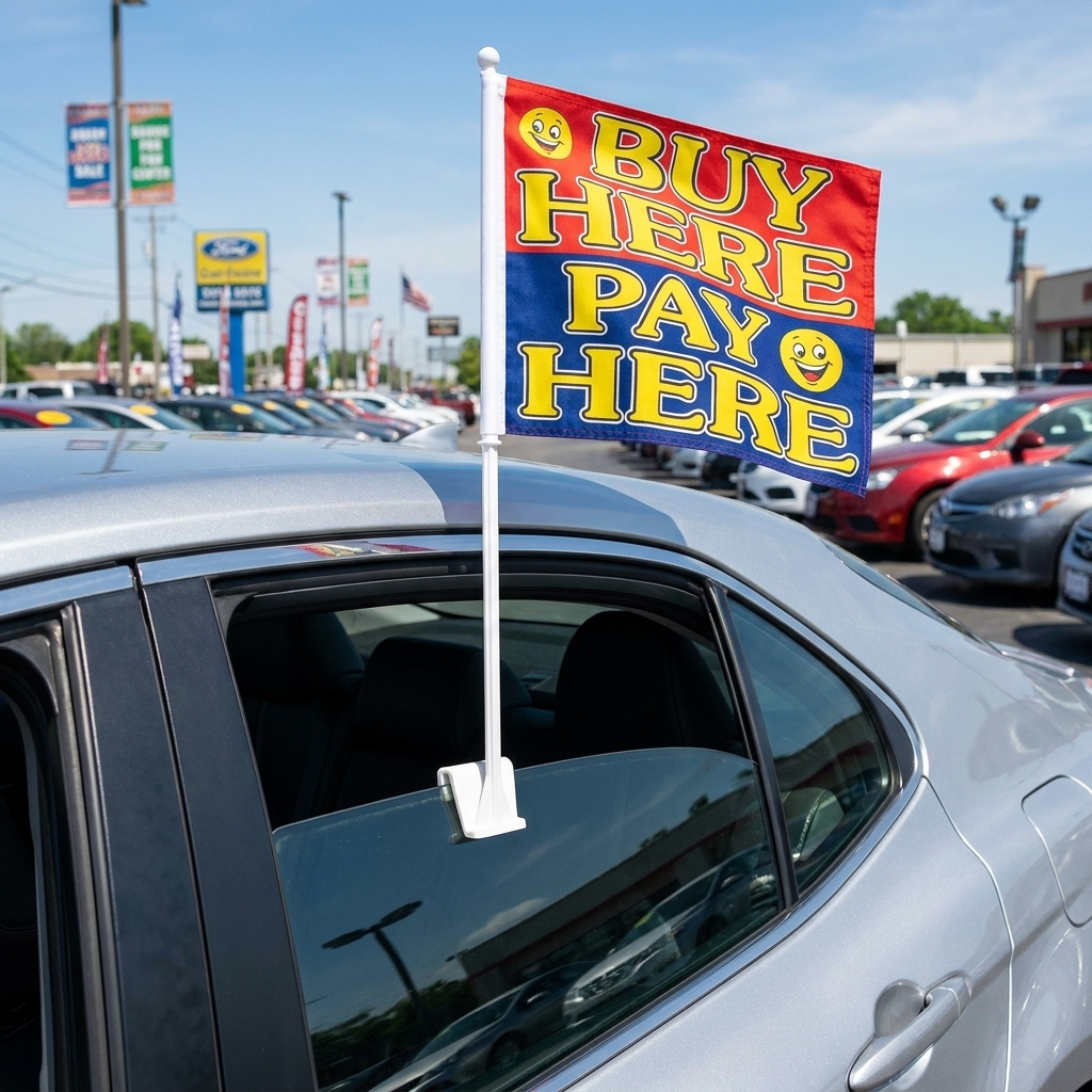 Buy Here Pay Here Standard Clip-On Window Flag - 11x13 Inch Promotional Banner — Lifestyle