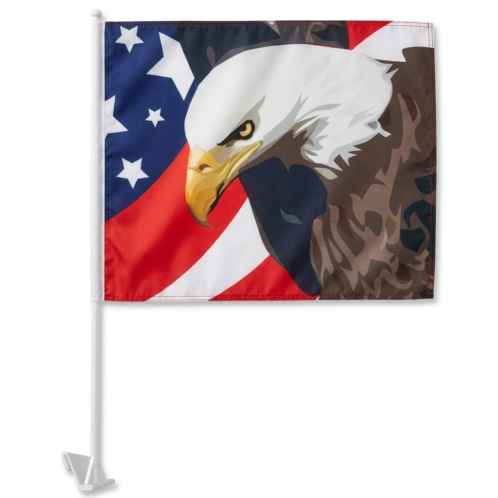 Patriotic with Eagle Standard Clip-On Window Flag - 11x13 Inch Promotional Banner — White BG