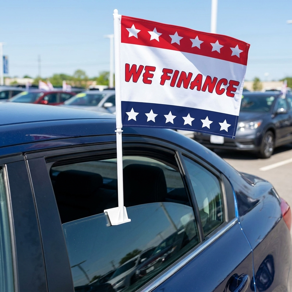 We Finance with Stars Standard Clip-On Window Flag - 11x13 Inch Promotional Banner — Lifestyle