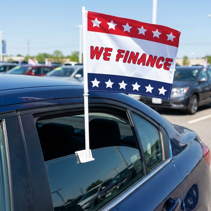 We Finance with Stars Standard Clip-On Window Flag - 11x13 Inch Promotional Banner — Lifestyle