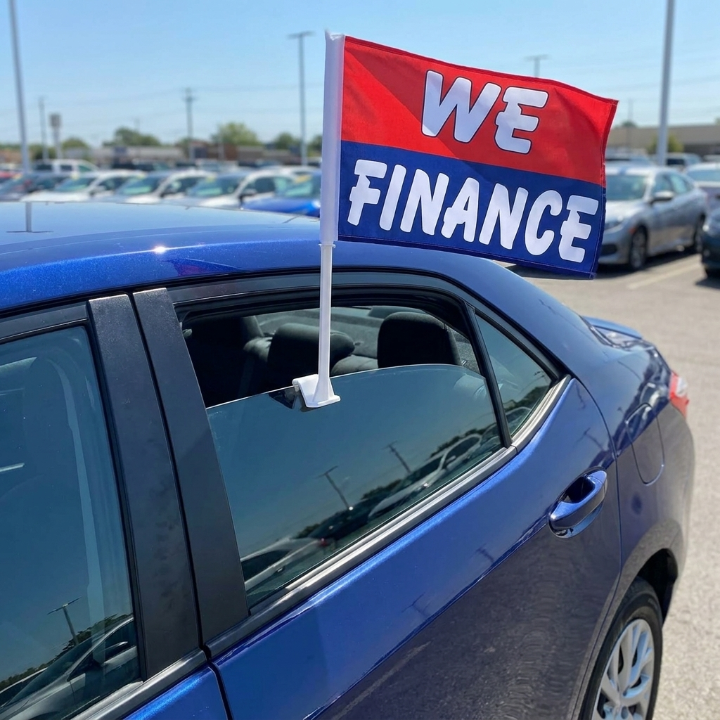 We Finance (Red & Blue) Standard Clip-On Window Flag - 11x13 Inch Promotional Banner — Lifestyle