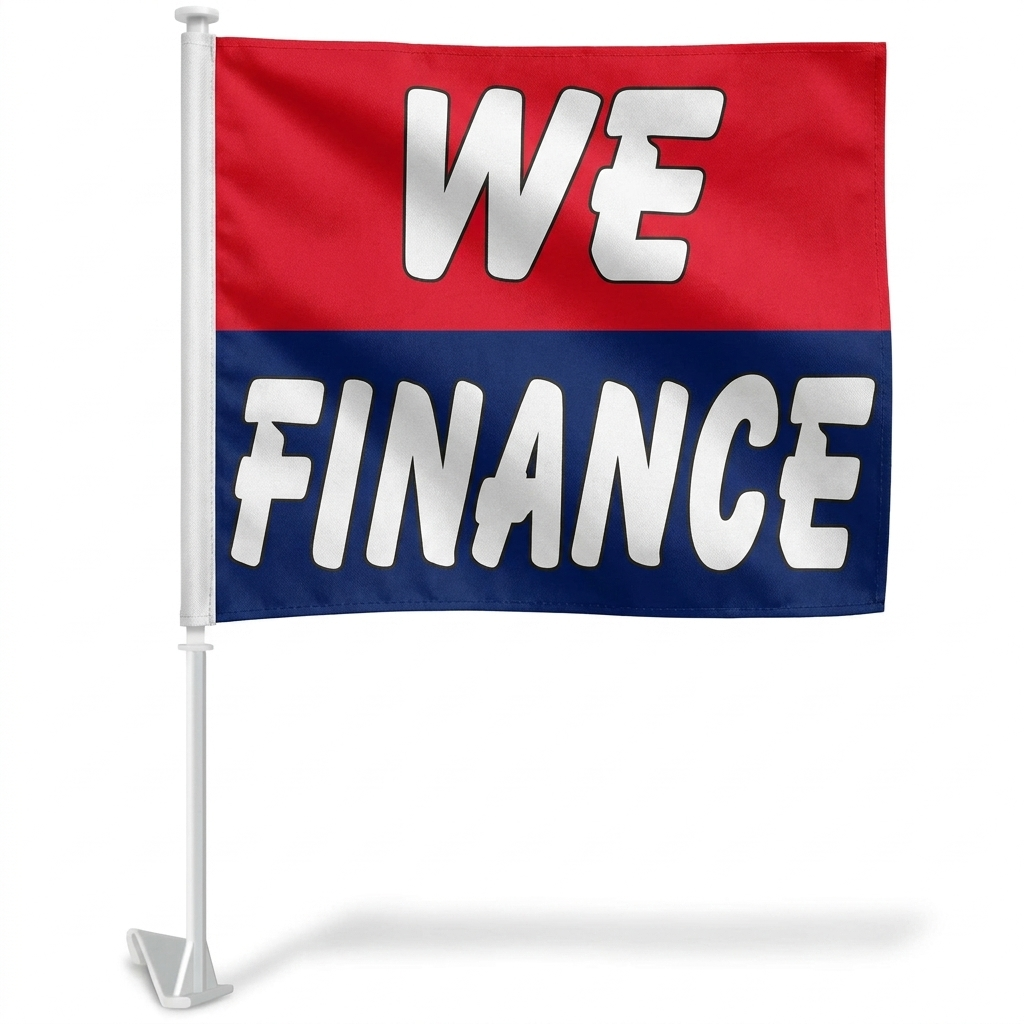 We Finance (Red & Blue) Standard Clip-On Window Flag - 11x13 Inch Promotional Banner — White BG