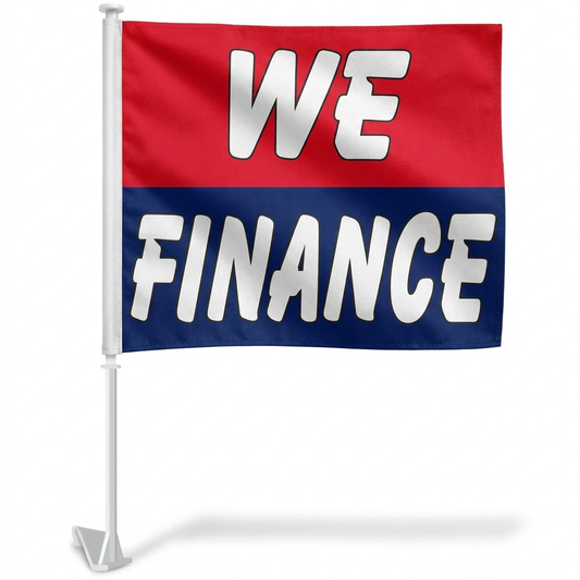 We Finance (Red & Blue) Standard Clip-On Window Flag - 11x13 Inch Promotional Banner — White BG