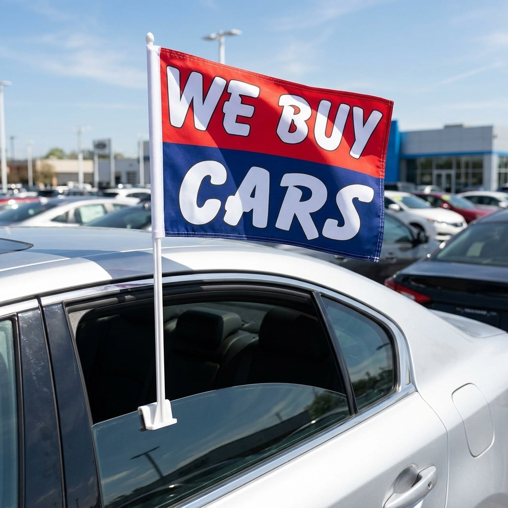 We Buy Cars Standard Clip-On Window Flag - 11x13 Inch Promotional Banner — Lifestyle