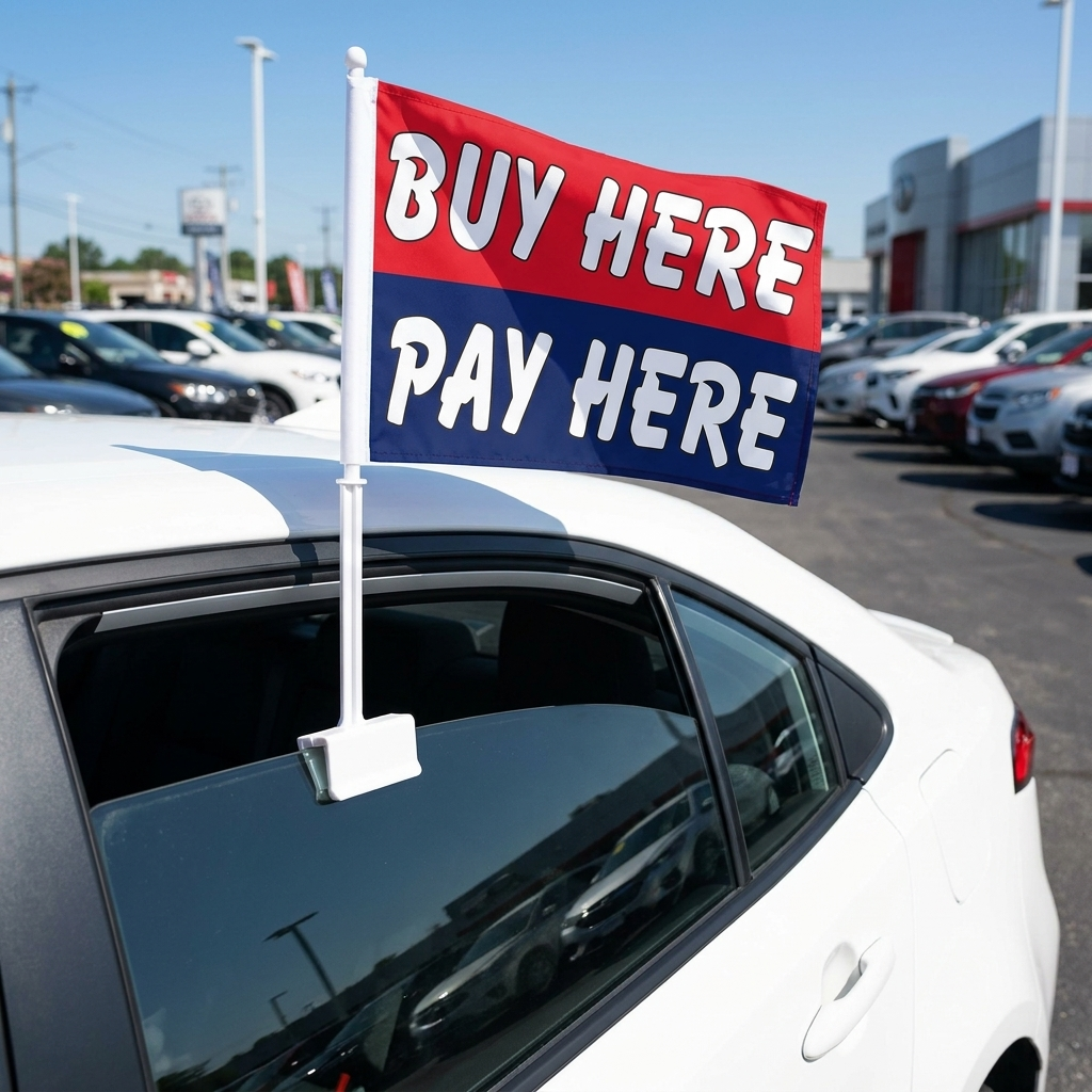 Buy Here / Pay Here Standard Clip-On Window Flag - 11x13 Inch Promotional Banner — Lifestyle
