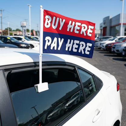 Buy Here / Pay Here Standard Clip-On Window Flag - 11x13 Inch Promotional Banner — Lifestyle