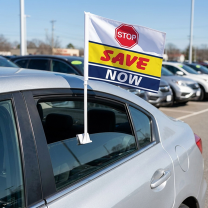 Stop Save Now Standard Clip-On Window Flag - 11x13 Inch Promotional Banner — Lifestyle
