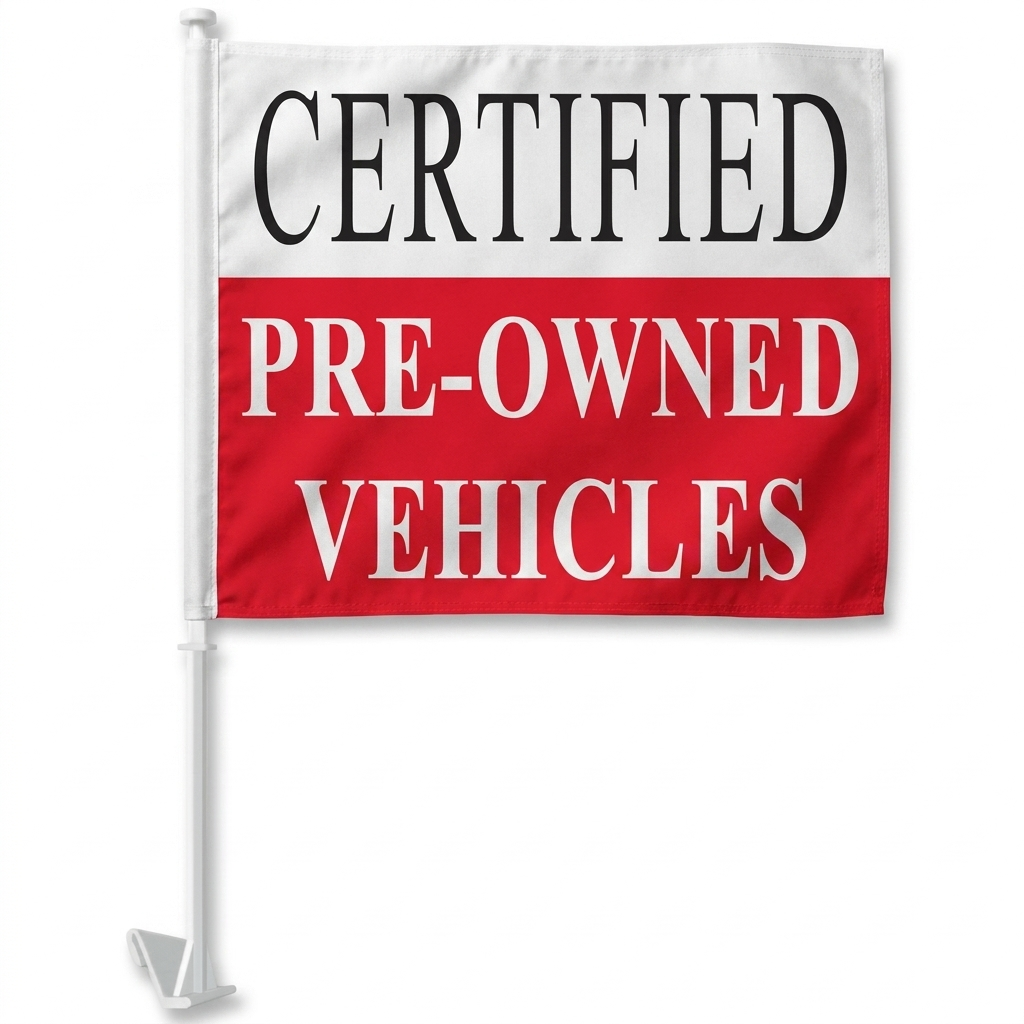 Certified Pre-Owned Red Standard Clip-On Window Flag - 11x13 Inch Promotional Banner — White BG