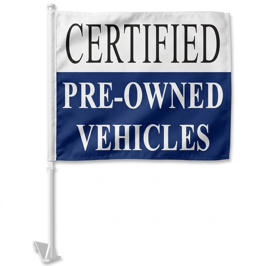 Certified Pre-Owned Blue Standard Clip-On Window Flag - 11x13 Inch Promotional Banner — White BG