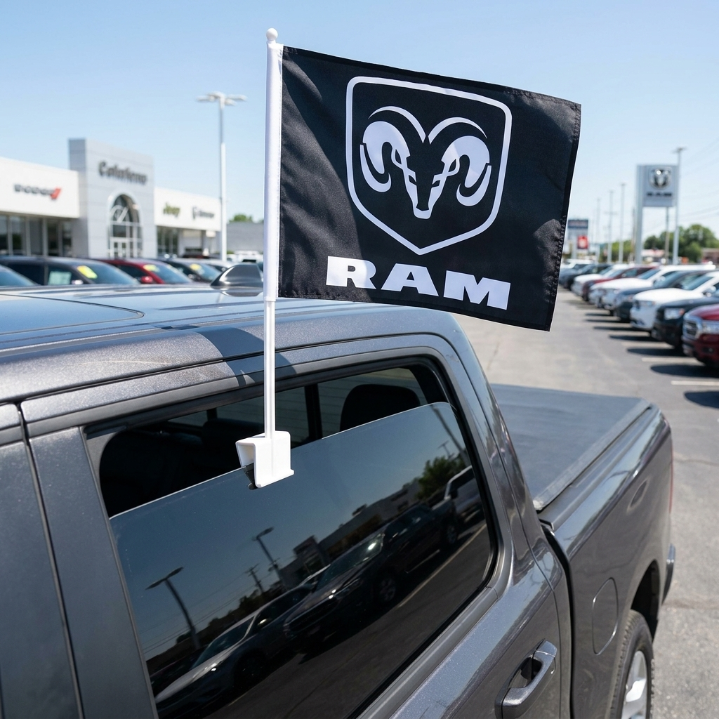 Dodge Ram Manufacturer Clip-On Window Flag - 11x13 Inch Brand Banner — Lifestyle
