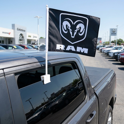 Dodge Ram Manufacturer Clip-On Window Flag - 11x13 Inch Brand Banner — Lifestyle