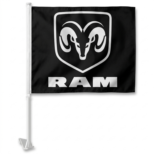 Dodge Ram Manufacturer Clip-On Window Flag - 11x13 Inch Brand Banner — White BG