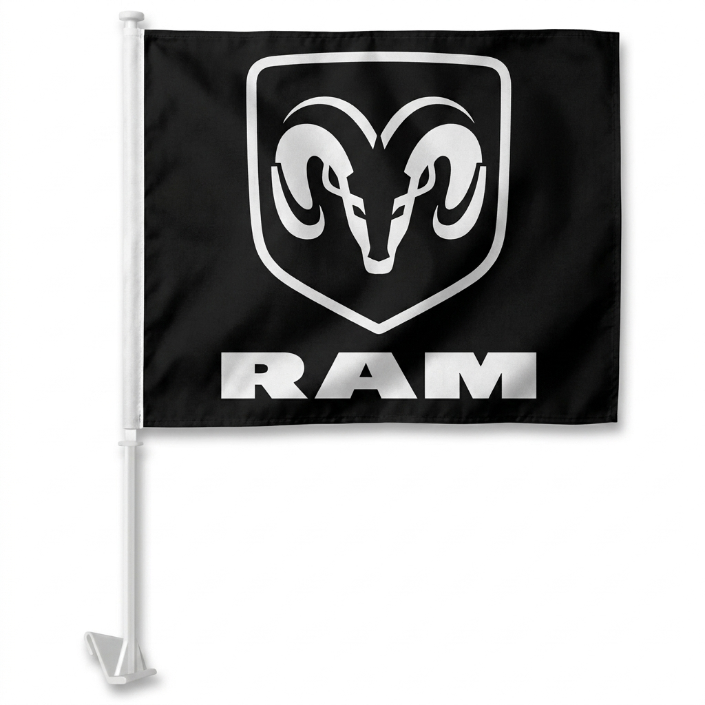 Dodge Ram Manufacturer Clip-On Window Flag - 11x13 Inch Brand Banner — White BG