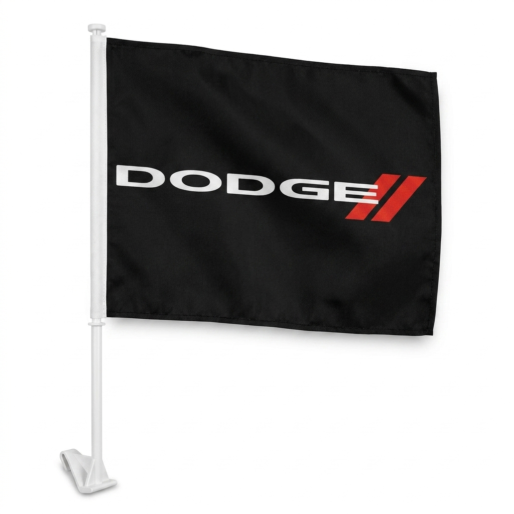 Dodge Manufacturer Clip-On Window Flag - 11x13 Inch Brand Banner — White BG