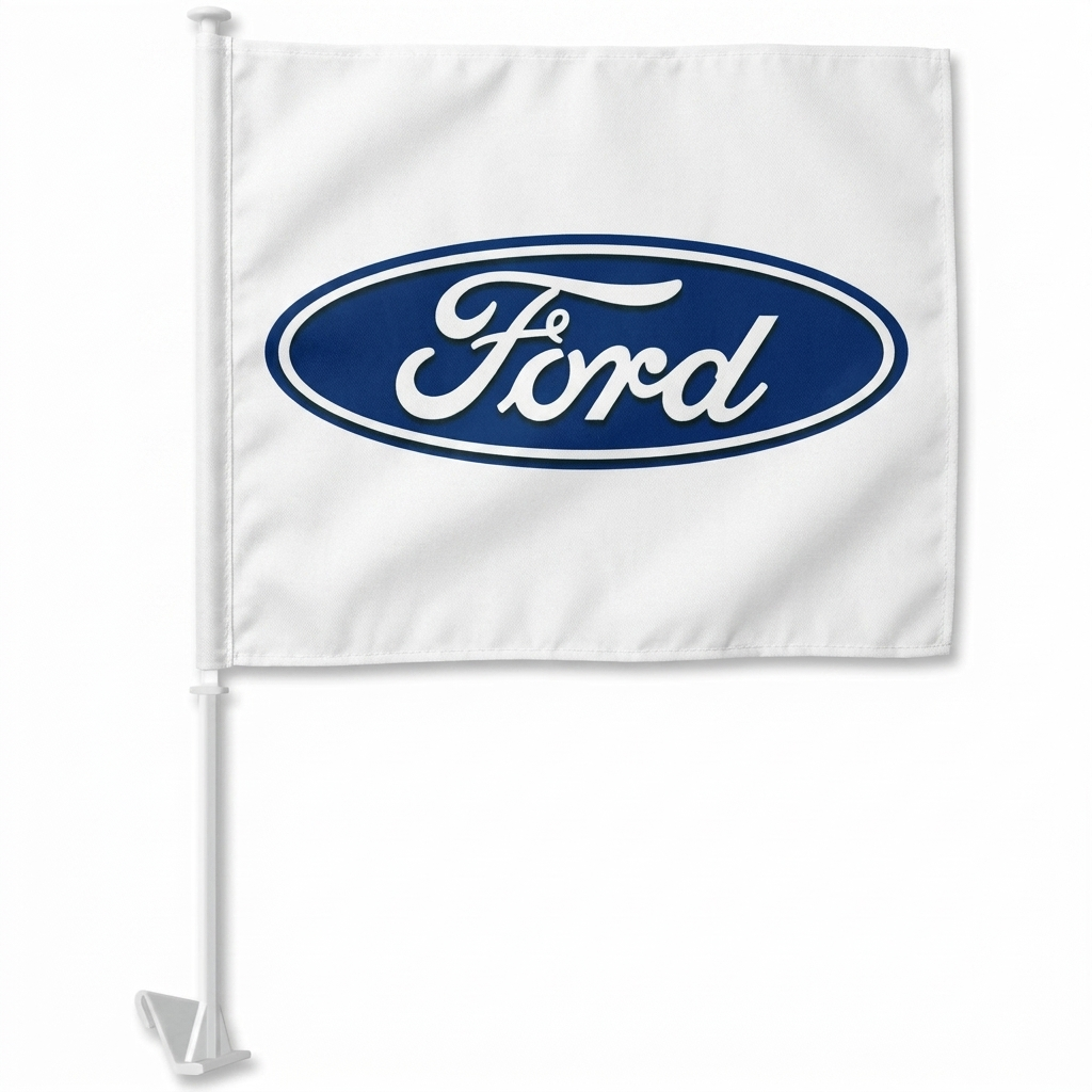 Ford Manufacturer Clip-On Window Flag - 11x13 Inch Brand Banner — White BG