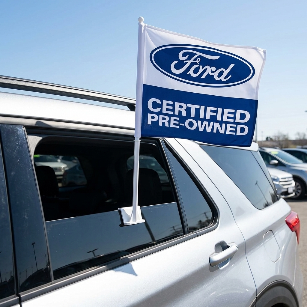 Ford Certified Pre Owned Manufacturer Clip-On Window Flag - 11x13 Inch Brand Banner — Lifestyle
