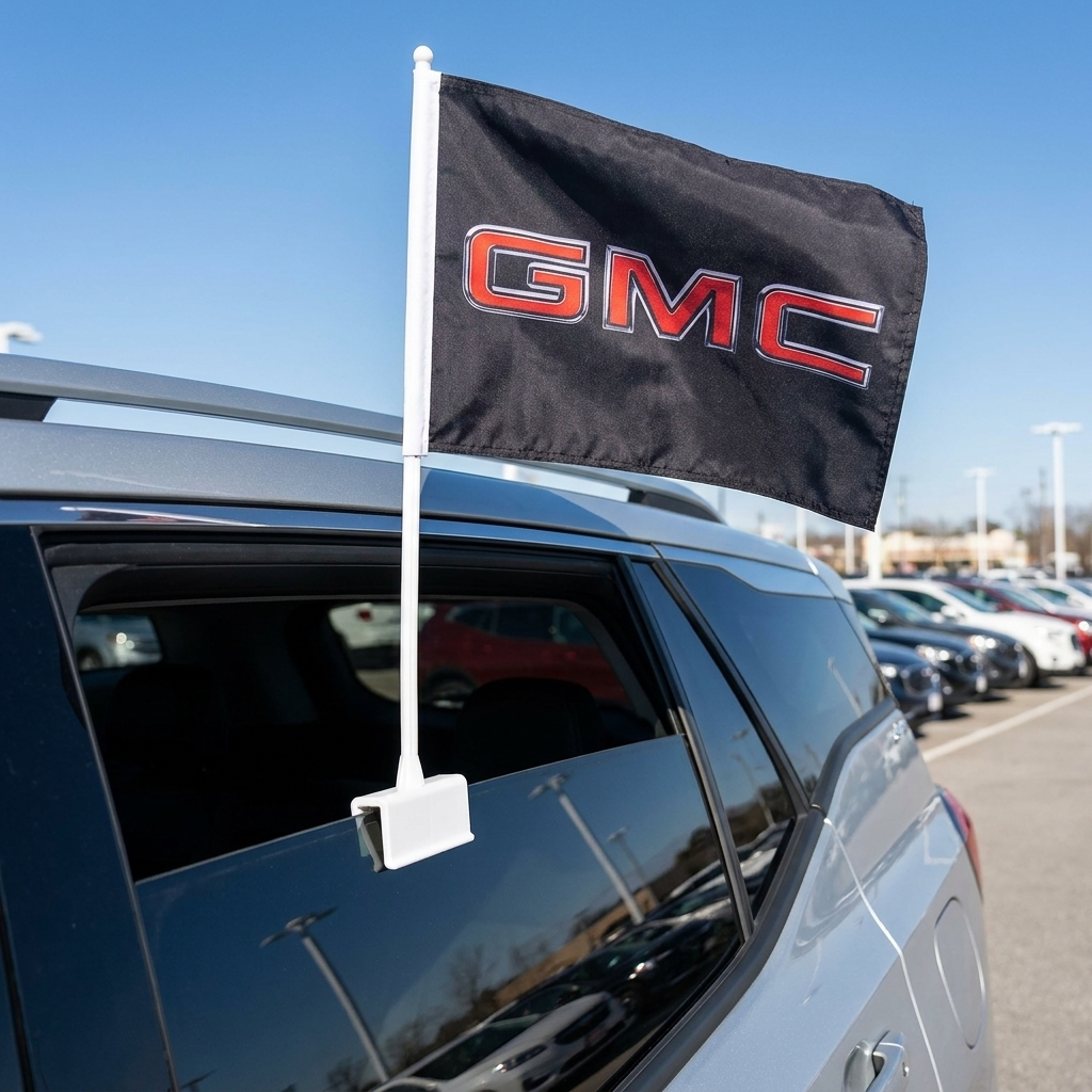 GMC Manufacturer Clip-On Window Flag - 11x13 Inch Brand Banner — Lifestyle