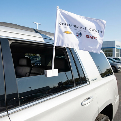 GM Certified Used Vehicles Manufacturer Clip-On Window Flag - 11x13 Inch Brand Banner — Lifestyle