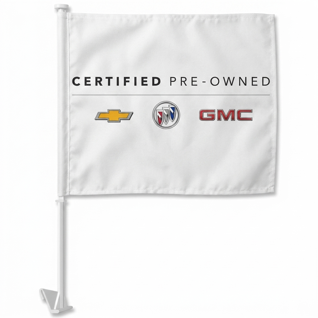 GM Certified Used Vehicles Manufacturer Clip-On Window Flag - 11x13 Inch Brand Banner — White BG