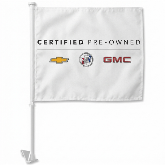GM Certified Used Vehicles Manufacturer Clip-On Window Flag - 11x13 Inch Brand Banner — White BG